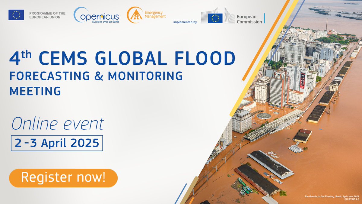 CopernicusEMS's tweet image. 🌊 Don&apos;t miss the 4th CEMS Global Flood Forecasting &amp;amp; Monitoring Meeting on 2–3 April 2025!

Join experts discussing the latest advancements in #GloFAS &amp;amp; #GFM products.

🔗 Register now: global-flood.emergency.copernicus.eu/news/193-4th-c…