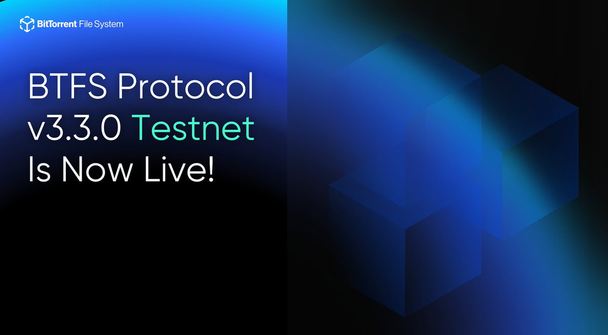 BitTorrent's tweet photo. 📢 BTFS Protocol v3.3.0 Testnet is Now Live!

We are pleased to announce the release of #BTFS Protocol v3.3.0 Testnet with key improvements:

🔹 BTIP-85: A new staking-based node reputation system (pre-release).
🔹 Upgraded dependencies for better system performance.
🔹 Improved overall node stability.

We remain committed to advancing #BTFS and strengthening decentralized storage networks.

🔗 Details: https://t.co/aliQOrP05v
💬 Join the discussion: https://t.co/aiqPBaM6cX

#BTT #BitTorrent #Web3
