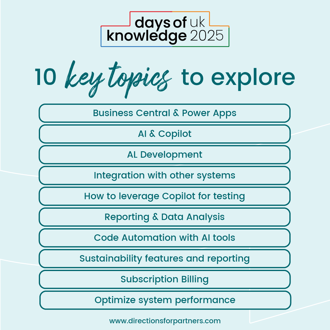 📣 #MSDYN365BC developers and consultants! 🇬🇧
#DOKUK2025  is just one week away! Join us in Birmingham for a lineup of sessions designed to boost your skills and knowledge. Check the key topics below!

🎟️ Tickets are still available — secure your spot now!
directionsforpartners.com/dokuk2025
