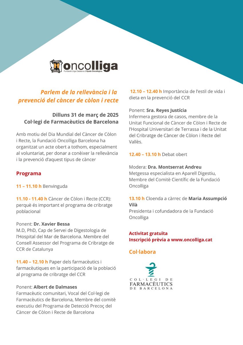 OncolligaCAT's tweet photo. 👉El pròxim 31 de març #DiaMundialdelCàncerdeCòlon, organitzem la jornada "Parlem de la rellevància i la prevenció del càncer de còlon i recte" al
@farmaceuticsbcn 
. https://t.co/B6wBU68SXV