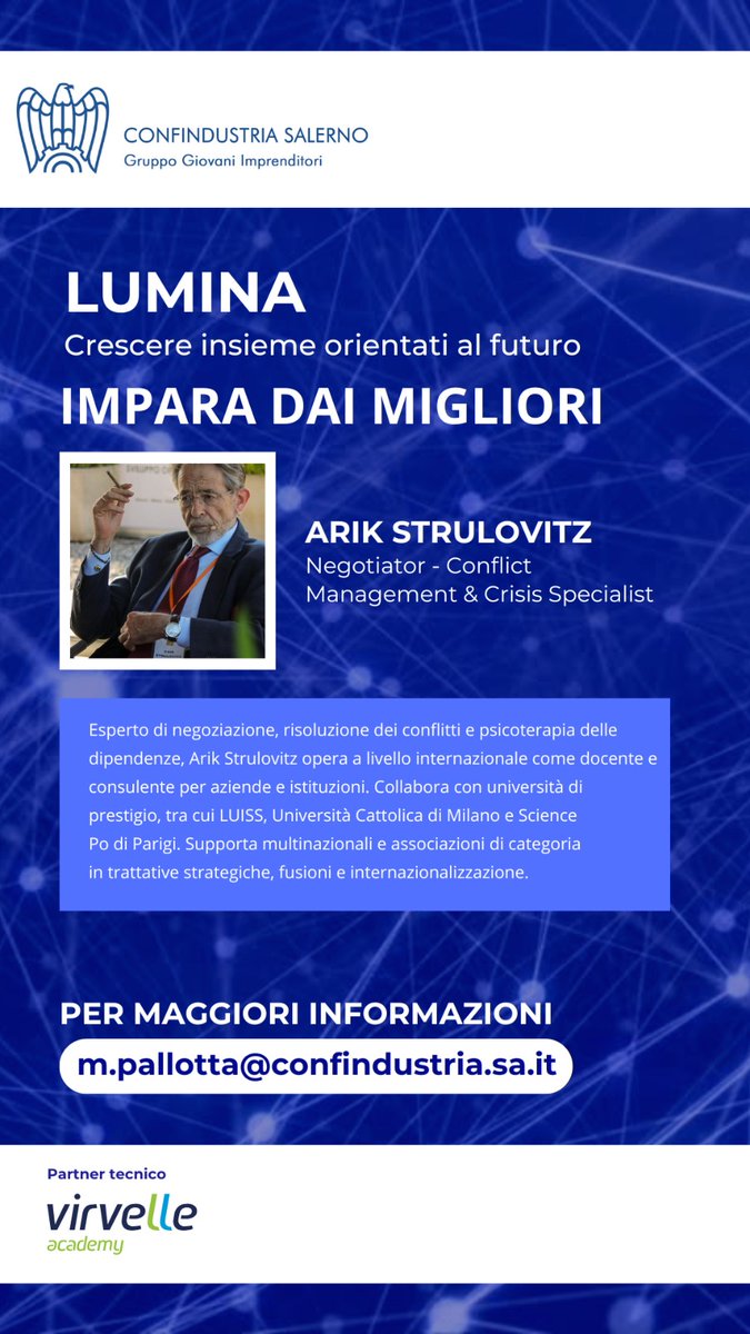 #LUMINA: il 4 e 5 aprile prossimi al Savoy Hotel &amp; Spa impareremo dai migliori!
Focus sulla #negoziazione collaborativa con Arik Strulovitz, Negoziatore - Conflict Management &amp; Crisis Specialist.
Per info: 089 200 837 - m.pallotta@confindustria.sa.it
academy.virvelle.com/lumina-crescer…