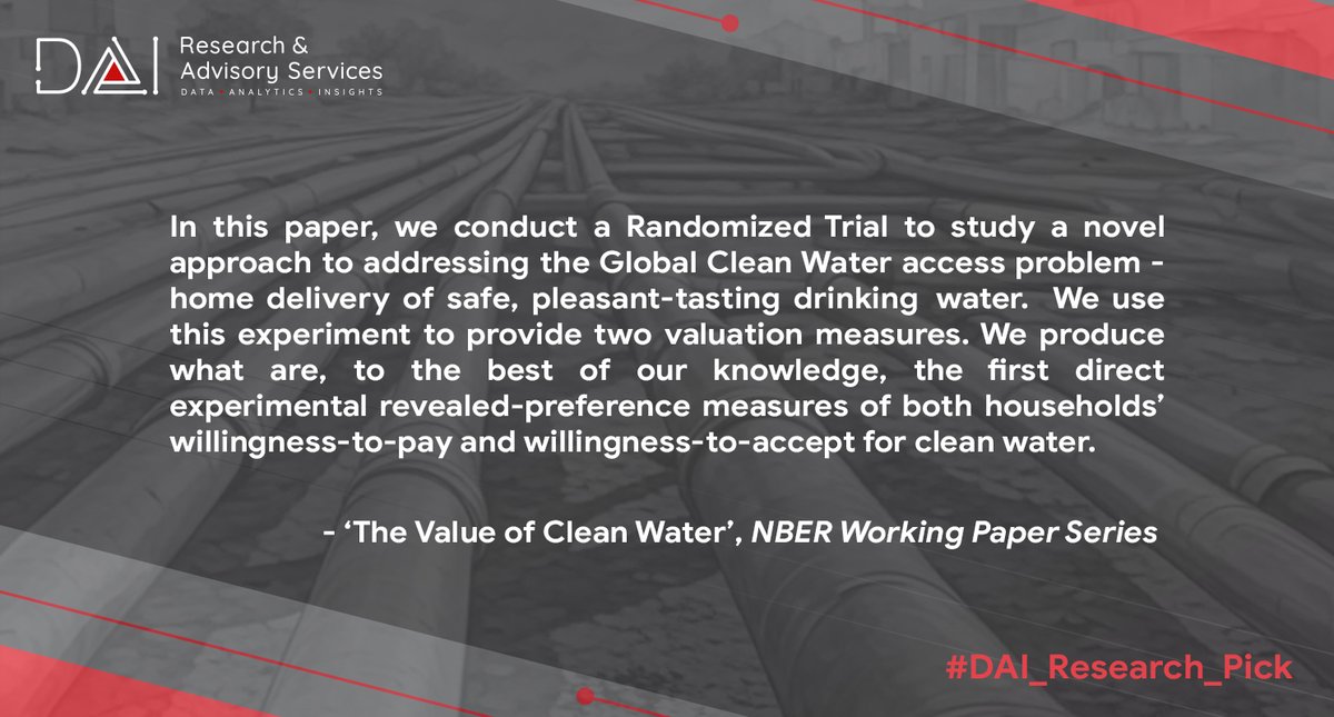 DAI Research (@dairesearch) on Twitter photo ๐ฐ #DAI_Research_Pick
A revealing Study which uses a unique approach to make clean, drinking #Water accessible at home to a much larger percentage of the world's population.
- <a href="/fburlig/">Fiona Burlig</a>, <a href="/amirjina/">Amir Jina</a> & <a href="/anantsudarshan/">Anant Sudarshan</a>
Read at nber.org/papers/w33557
#RCT #SocialImpact ๐ฐ #DAI_Research_Pick
A revealing Study which uses a unique approach to make clean, drinking #Water accessible at home to a much larger percentage of the world's population.
- <a href="/fburlig/">Fiona Burlig</a>, <a href="/amirjina/">Amir Jina</a> & <a href="/anantsudarshan/">Anant Sudarshan</a>
Read at nber.org/papers/w33557
#RCT #SocialImpact