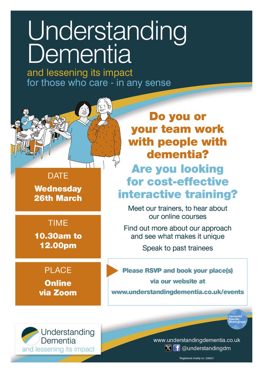 Spaces left on our information session, all about the dementia training courses we offer to Health and Care Professionals. Hear from our training team and previous trainees, on how our approach makes such a positive difference to practice. Book via understandingdementia.co.uk/events
