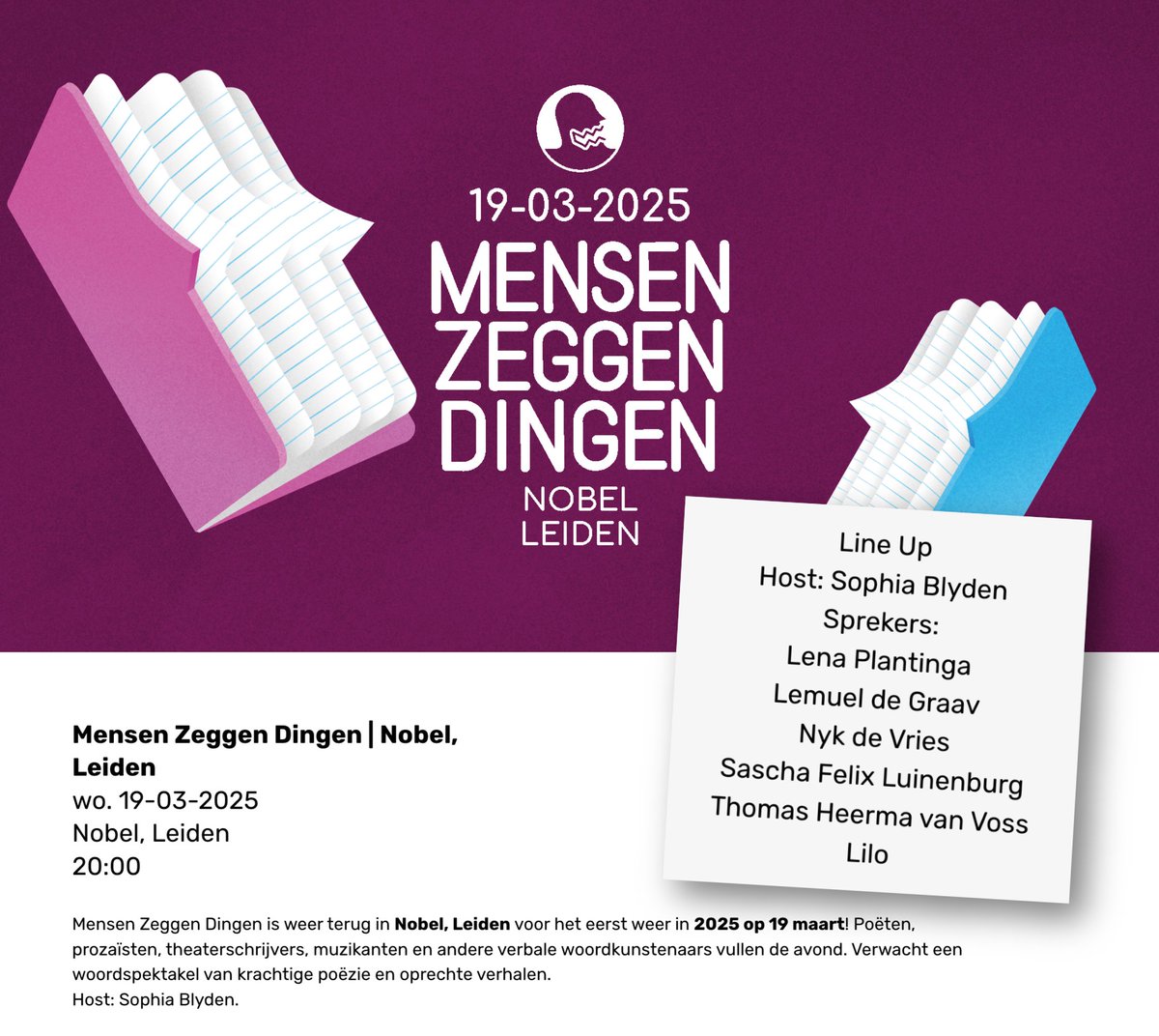 Nykdevries's tweet image. Vanavond treed ik op in Nobel te Leiden met Mensen Zeggen Dingen. Alle info vind je hier: mensenzeggendingen.nl/agenda/