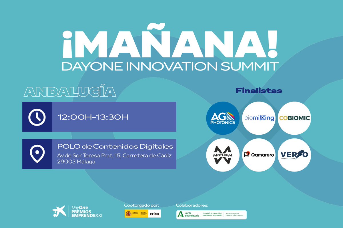 EmprendeXXI_'s tweet image. 🚀 ¡Mañana el #DayOneInnovationSummit Andalucía aterriza en POLO de Contenidos Digitales, donde conoceremos a la startup ganadora de la región!

🏆 Mucha suerte a los finalistas: #AGPhotonics | #Biomixing | @Cobiomic_SL | #Mothium | @qamarero | @VERSOinstala

¡Te esperamos!