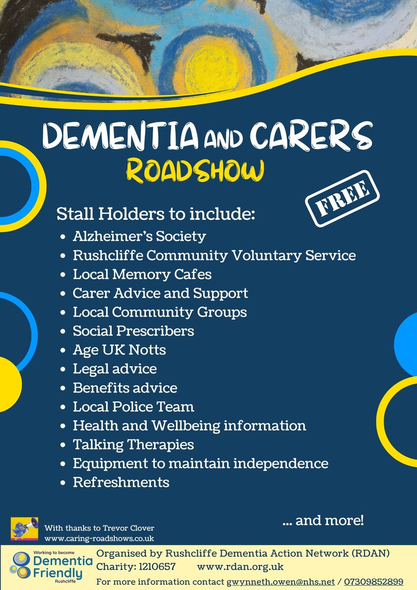 Dementia and Carers Roadshow

📆Thursday 3rd April

🕐10am - 2pm

📍Rushcliffe Arena, West Bridgford, NG2 7HY