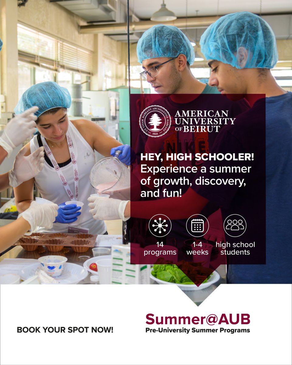 AUB_Lebanon's tweet photo. Kickstart your future today! High school students, join AUB’s Pre-University Summer Programs to develop new skills, discover your passions, and get ahead on your path to success!
🔗https://t.co/1idCQZiA96
#PreUniversity #AUBSummer #FutureLeaders #AUBExperience #AUBproud #AUBvibes