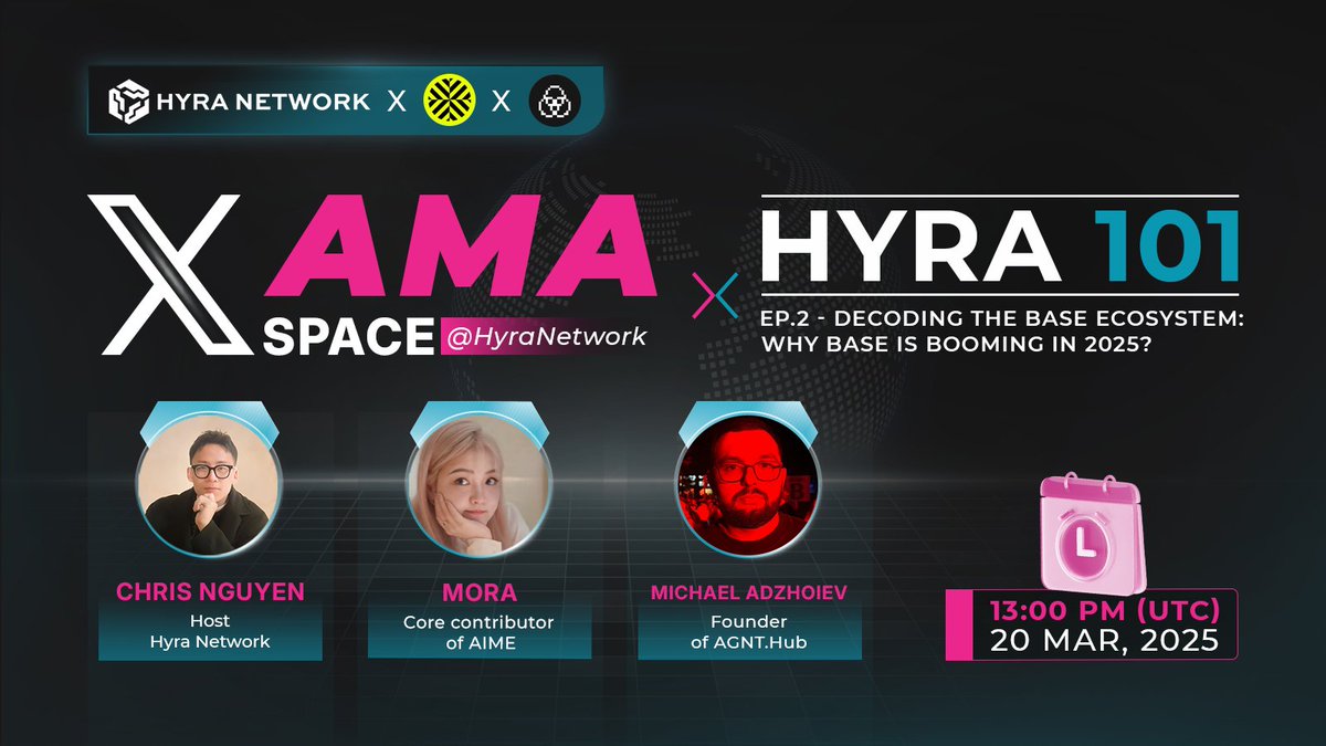 🚨AMA Alert: Hyra 101 is Back!🚨

Get ready for Ep.2 featuring expert insights on the Base Ecosystem: Key reasons for its explosive growth and the innovations it will bring to the community and projects in 2025.

🕰️Time: 13:00 (UTC) | 20 Mar, 2025
📍Venue: x.com/i/spaces/1dRKZ…