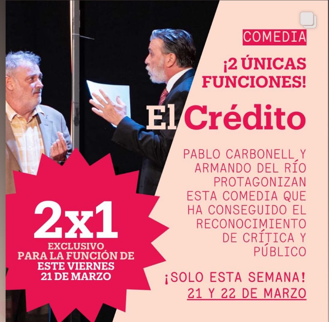 Estamos en Madrid dos días. Después seguiremos con nuestra gira!
No os la perdáis.
Una de las mejores comedias del siglo XXI.
Un no parar de reír!!!
<a href="/Carbonellsg/">Pablo Carbonell</a> y servidor.
Y el viernes 2x1 😱
<a href="/TeatrosLuchana/">Teatros Luchana</a>