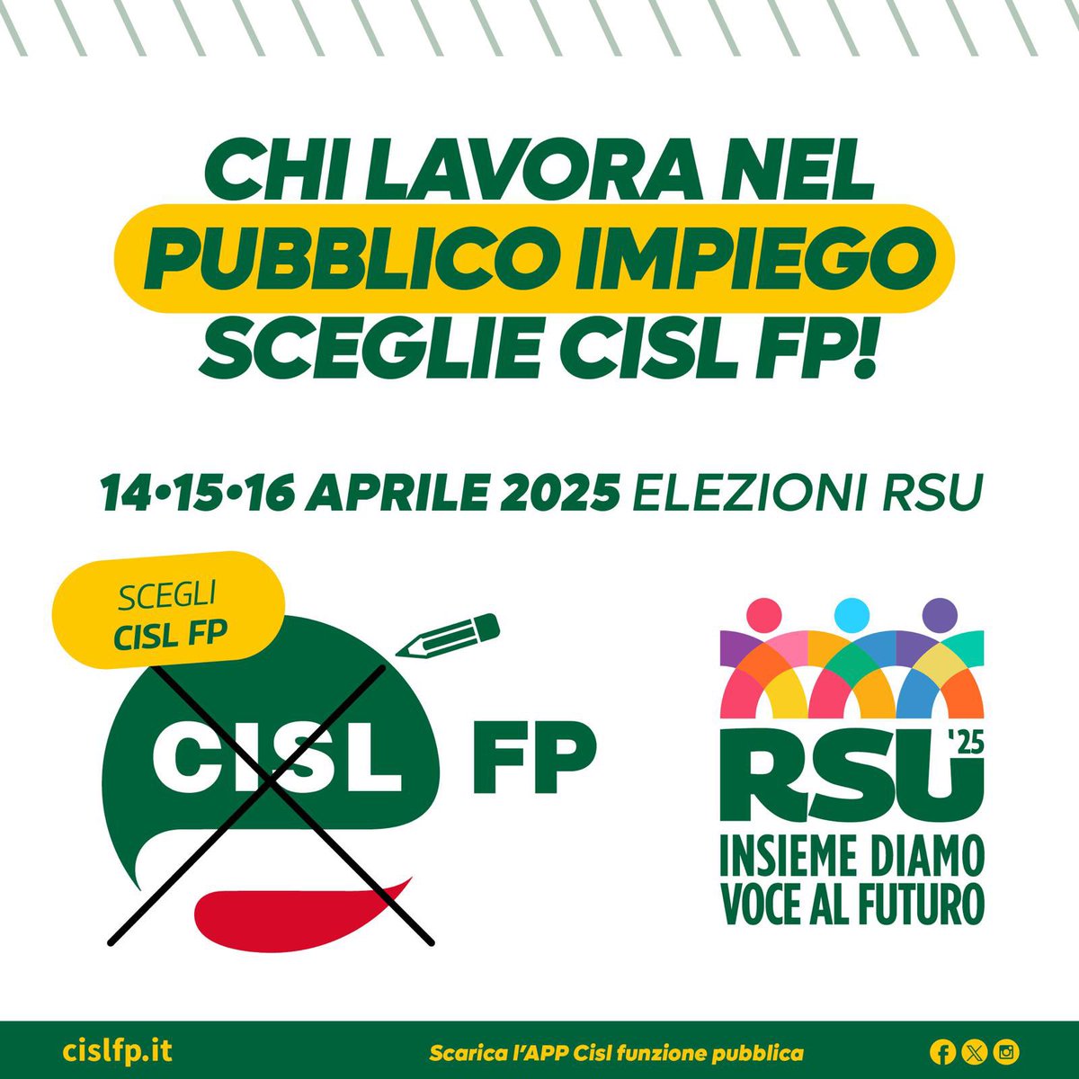 📣 “Insieme diamo voce al futuro” - i metalmeccanici della #FIM sostengono la <a href="/cislfp/">CISL FP Nazionale</a>  <a href="/cislscuola/">CISL Scuola</a>  alle elezioni RSU nel pubblico impiego: Scuola, Funzione Pubblica, Università e Ricerca che si terranno i giorni 14, 15 e 16 aprile 💪🏾🍀