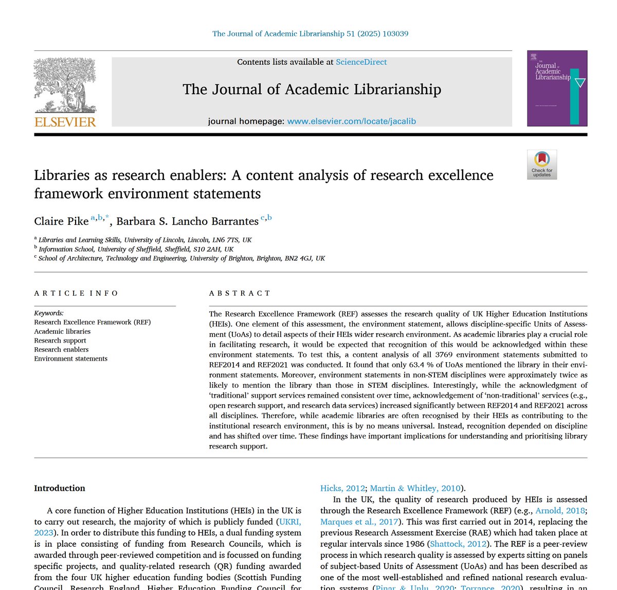 📚 Nuevo artículo: Pike, C., &amp; Lancho Barrantes, B. S. (2025) exploran cómo las bibliotecas académicas contribuyen al entorno de investigación de sus instituciones. 
🔗 DOI del artículo 10.1016/j.acalib.2025.103039
Aquí algunos puntos clave: 🧵