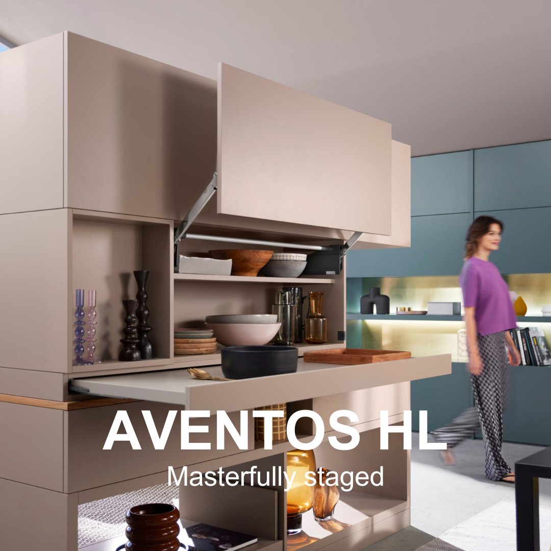 Create furniture with full freedom of movement. AVENTOS HL top is well suited for cabinets that are positioned on and above worktops. Keep appliances concealed behind a continuous front. #blum #movingideas #AVENTOStop #liftsystems #AVENTOSHLtop blum.com/masterfully-st…