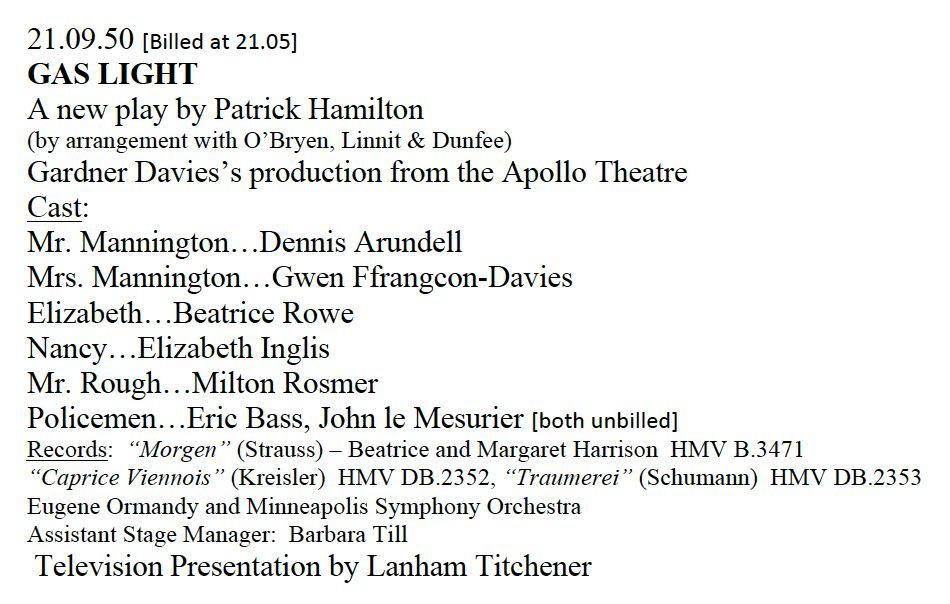 APTSArchive's tweet photo. #OTD - 19 March 1939 - "Gas Light" - a new play by #PatrickHamilton.
Starring; #DennisArundell, #GwenFfrangconDavies #BeatriceRowe, #ElizabethInglis, #MiltonRosmer, #EricBass & #JohnLeMesurier.
Producer: #LanhamTitchener. https://t.co/BsSODIfv6E