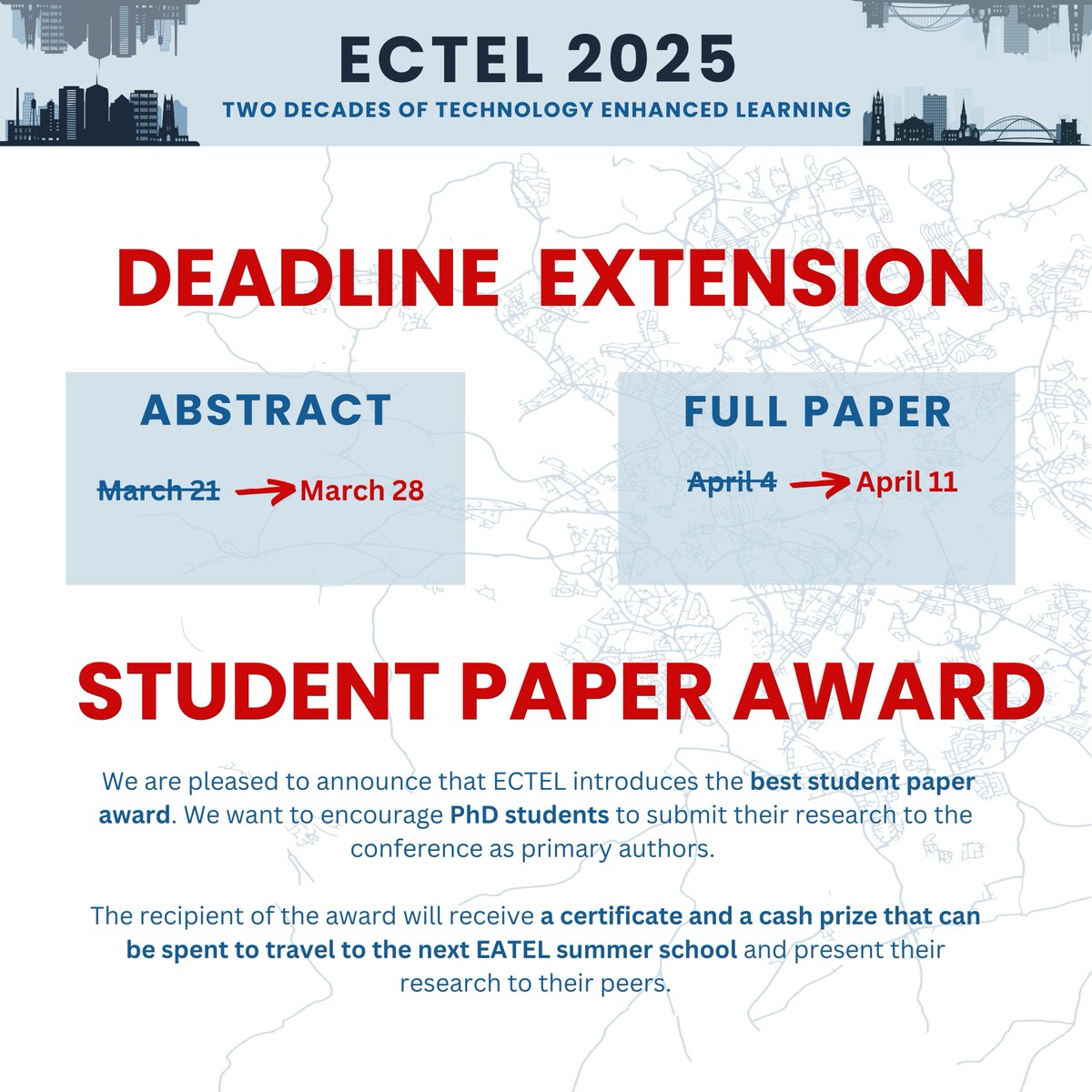 ECTEL (@ectelconference) on Twitter photo The deadlines have been extended! And, we will have the #BestPaper #StudentAward this year, so encourage your PhD students to apply to #ECTEL2025! #EATEL @KairitTammets <a href="/flmrafael/">Rafael Ferreira Mello</a> <a href="/SergeySosnovsky/">Sergey Sosnovsky</a> <a href="/MutluCukurova/">Mutlu Cukurova</a> <a href="/MikhailFominykh/">Mikhail Fominykh</a> <a href="/spikol/">daniel spikol</a> <a href="/mediendidaktik/">Ilona Buchem</a> The deadlines have been extended! And, we will have the #BestPaper #StudentAward this year, so encourage your PhD students to apply to #ECTEL2025! #EATEL @KairitTammets <a href="/flmrafael/">Rafael Ferreira Mello</a> <a href="/SergeySosnovsky/">Sergey Sosnovsky</a> <a href="/MutluCukurova/">Mutlu Cukurova</a> <a href="/MikhailFominykh/">Mikhail Fominykh</a> <a href="/spikol/">daniel spikol</a> <a href="/mediendidaktik/">Ilona Buchem</a>