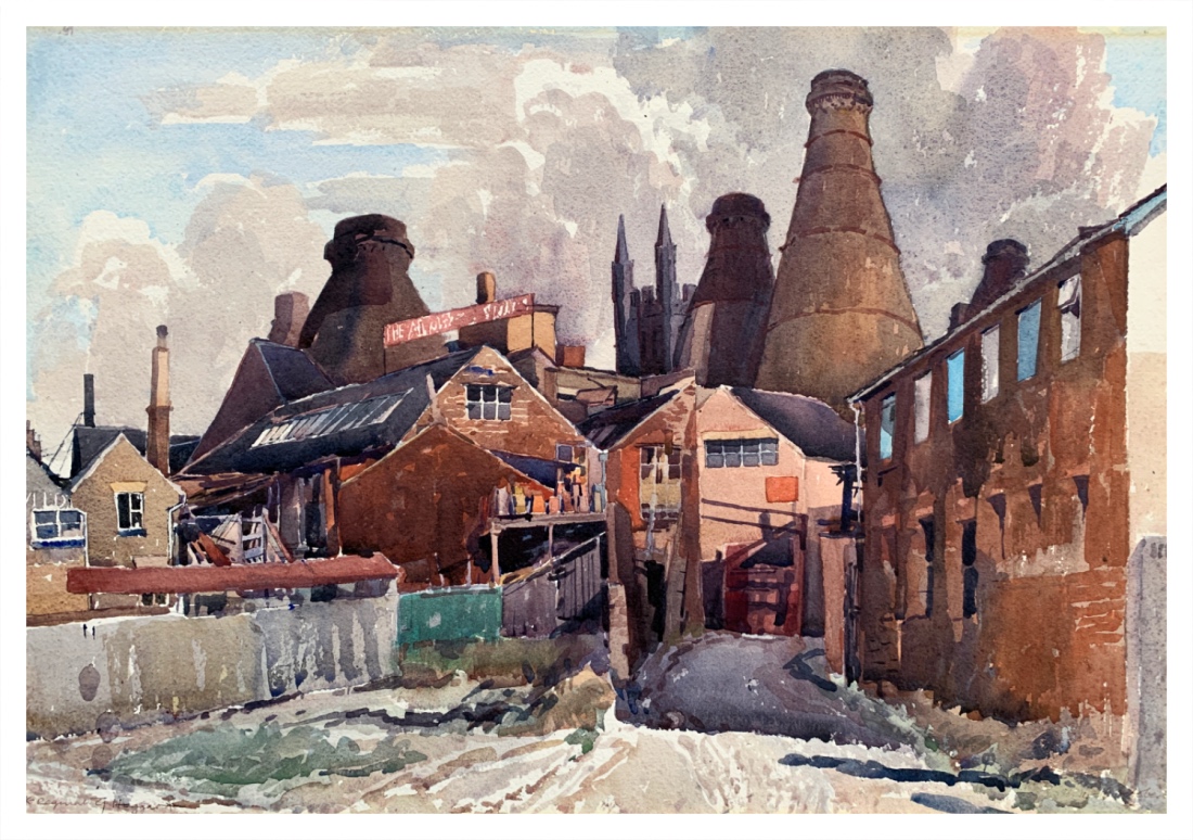 Three paintings just into the gallery by stalwarts of potteries art: Reginald Haggar and Jack Simcock
Bottle Ovens, Shorts Passage, Longton is a classic Haggar painting while the 1979 Red Landscape with Bronze Head by Jack Simcock is a beautiful, subtle painting