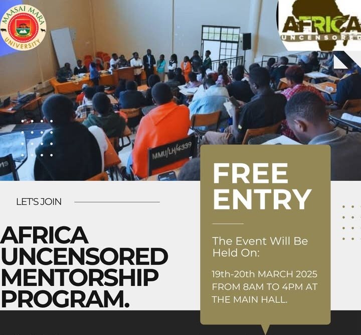 MaasaiMaraUniversity (@mmarauniversity) on Twitter photo Join us for the <a href="/AfUncensored/">Africa Uncensored</a> Mentorship Program at Maasai Mara University!
Date: 19th - 20th March 2025
Time: 8 AM - 4 PM
Venue: Main Hall
FREE ENTRY!
Don't miss this opportunity to learn from top media professionals & sharpen your skills!
#AfricaUncensored #Mentorship Join us for the <a href="/AfUncensored/">Africa Uncensored</a> Mentorship Program at Maasai Mara University!
Date: 19th - 20th March 2025
Time: 8 AM - 4 PM
Venue: Main Hall
FREE ENTRY!
Don't miss this opportunity to learn from top media professionals & sharpen your skills!
#AfricaUncensored #Mentorship