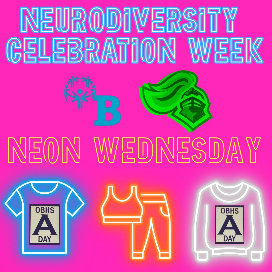 Good Morning, Knights! Let’s keep supporting Play Unified’s Neurodiversity Celebration Week with NEON DAY! Have an electric-bright A-Day! ✨💜🖤#GoKnights #ADay <a href="/obhs_announce/">OBHS Announcements</a> <a href="/FazioSally/">Mrs. Fazio 💜</a> <a href="/MsCinOB/">Ms. C</a>