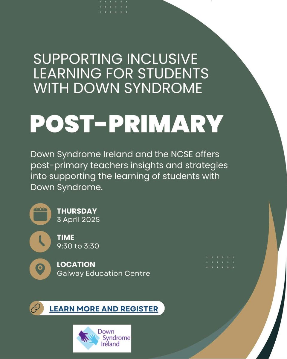 Post-primary teachers, Join us on April 3 for a one-day seminar, “Supporting Inclusive Learning for Students with Down Syndrome” 
<a href="/ecGalway/">Galway EC</a>  <a href="/DownSyndromeIRL/">Down Syndrome IRL</a>  
For more information, orlo.uk/Drcj5