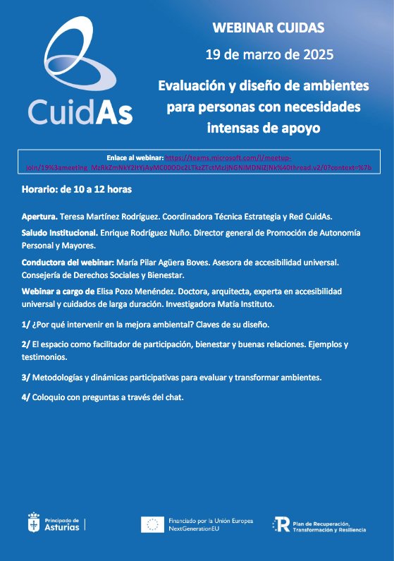 Hoy estamos en un nuevo webinar CuidAS <a href="/socialasturias_/">Consejería de Derechos Sociales y Bienestar</a> 
Evaluación y diseño de ambientes para personas con necesidades intensas de apoyo, por <a href="/ElisaPozoMdez/">Elisa Pozo</a> de <a href="/MatiaFundazioa/">Matia</a>
