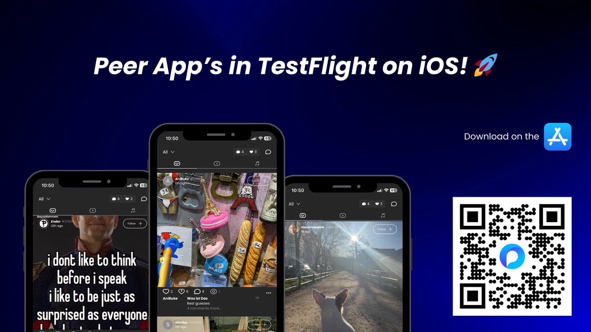PeerNetworkPSE_'s tweet photo. Peer Appβs in TestFlight on iOS! π
Join the #Web3 revolution early and connect #Crypto communities now.
Link to download from App Store: https://t.co/T6bq7emdKc
#PeerApp #PSE #Blockchain https://t.co/z3mBfd8enz