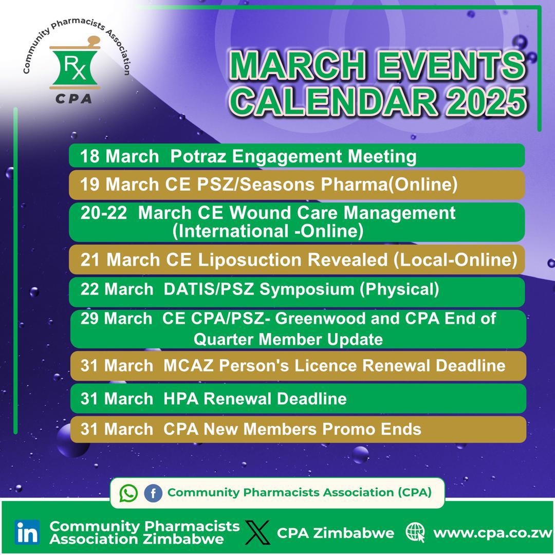 As the first quarter of 2025 is coming to an end. Stay up to date on your CPD.

⬆️ 👆🏽 Here are some pertinent events for the remainder of March. You are spoilt for choice! 

PS. For more info on the seminars and webinars visit us on ⬇️ ;

cpa.co.zw