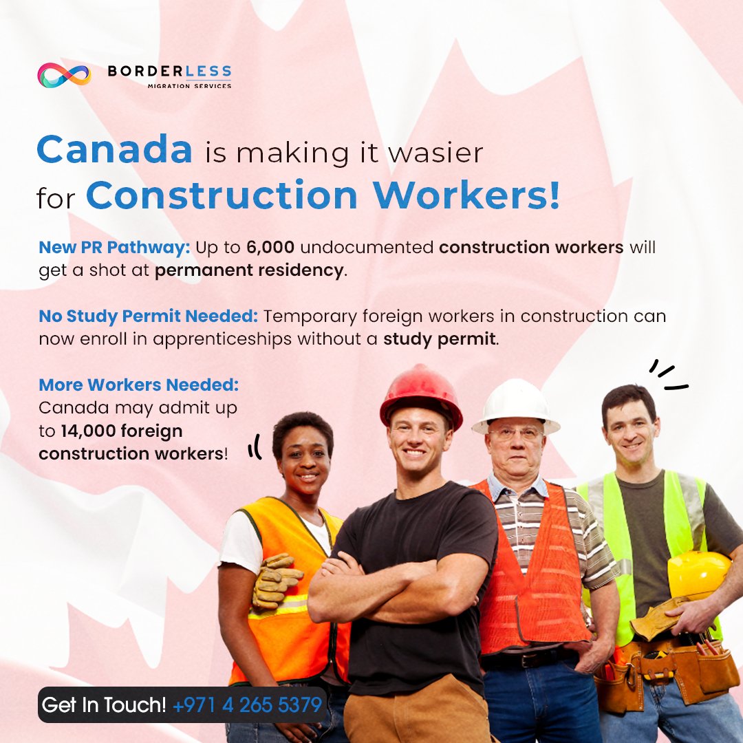 Canada opens new doors for construction workers! 🚧🍁 Up to 6,000 undocumented workers to get a shot at permanent residency, while qualified foreign workers can now study apprenticeships without a permit. Big changes ahead!

📞 Book a FREE Consultation: +971 4265 5379
🌐 Visit