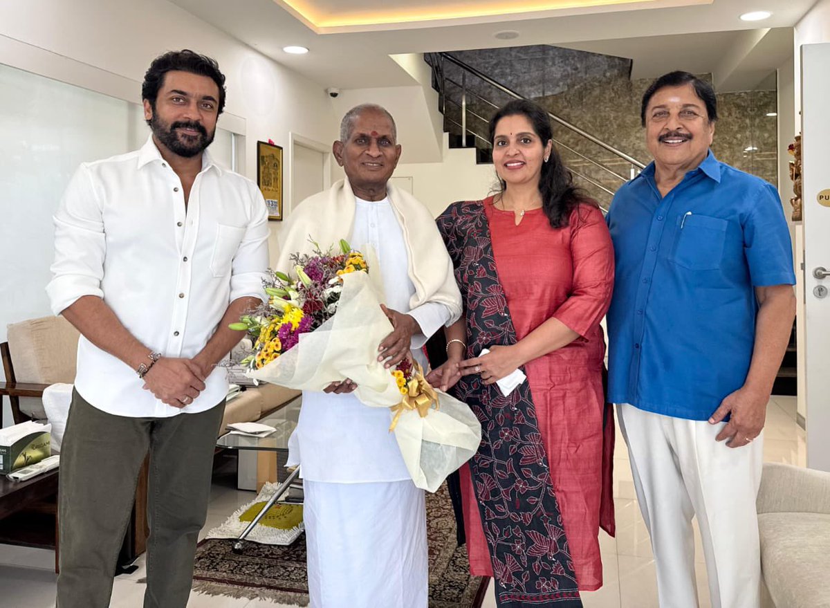 calicut_sfc's tweet photo. .@Suriya_offl anna and family met the Maestro @ilaiyaraaja today! 

#Suriya #BrindhaSivakumar #SivakumarSir #Ilaiyaraaja https://t.co/kvyzTigrBr