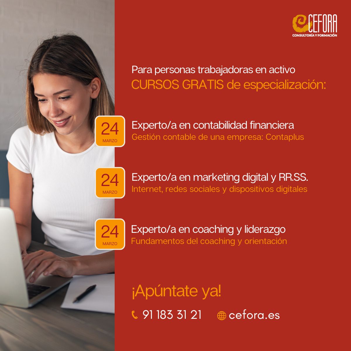 CeforaFormacion's tweet photo. 🎓 ¡Impulsa tu carrera con estos 3 cursos de especialización 100% gratuitos!  💼✨📩 Inscríbete ahora y reserva tu plaza. Llama al 91 183 31 21 o visita:
🔸 https://t.co/bpNwj1OuP0
🔸 https://t.co/nzBzvezXSp
🔸 https://t.co/aOK1P4KO5e https://t.co/VP825J2uHy