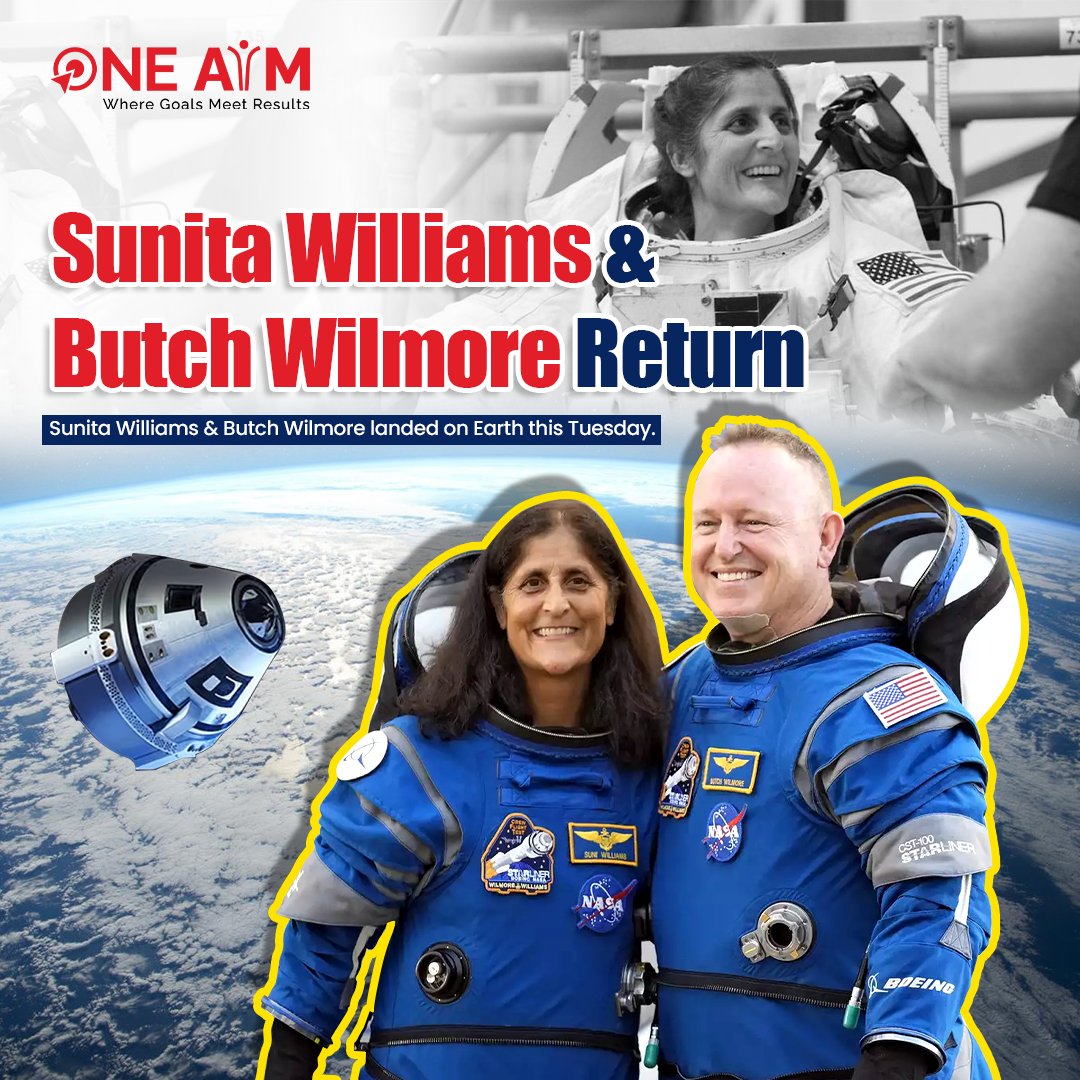 OneAim01's tweet image. Sunita Williams &amp;amp; Butch Wilmore have safely returned to Earth! 🚀🌍 Welcome back!
.
.
#OneAim #NASA #spacemission #astronauts #SunitaWilliams #ButchWilmore #spaceexploration #BoeingStarliner #MissionSuccess #science #innovation #stemeducation #upsc #welcomeback