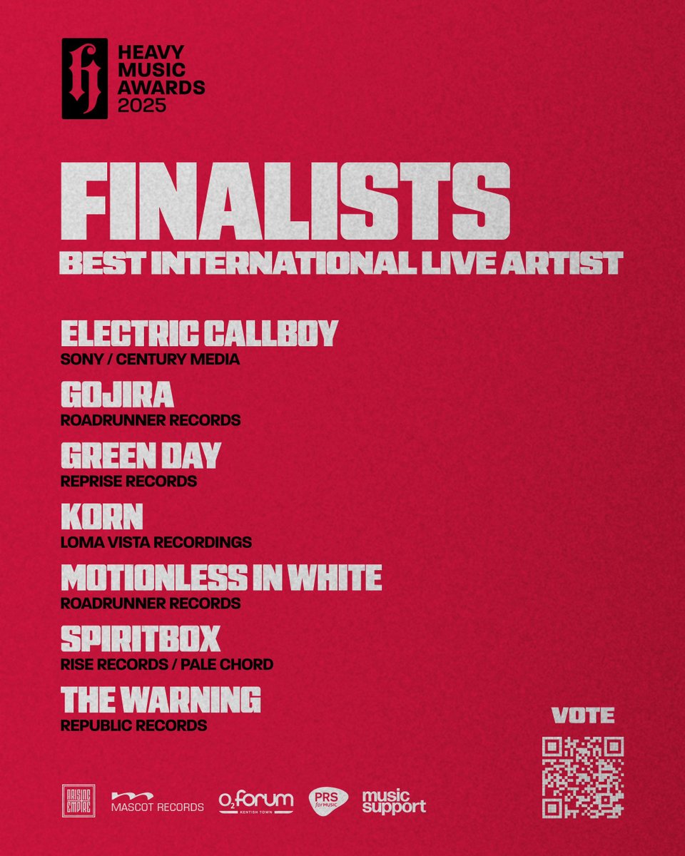 Heavy Music Awards (@heavymusicawds) on Twitter photo #HMA25 FINALISTS: BEST INTERNATIONAL LIVE ARTIST
<a href="/ElectricCallboy/">Electric Callboy</a>
<a href="/GojiraMusic/">Gojira</a>
<a href="/GreenDay/">Green Day</a>
<a href="/Korn/">Korn</a>
<a href="/MIWband/">Motionless In White</a>
<a href="/spiritboxband/">Spiritbox</a>
<a href="/TheWarningBand2/">The Warning</a>
vote.heavymusicawards.com #HMA25 FINALISTS: BEST INTERNATIONAL LIVE ARTIST
<a href="/ElectricCallboy/">Electric Callboy</a>
<a href="/GojiraMusic/">Gojira</a>
<a href="/GreenDay/">Green Day</a>
<a href="/Korn/">Korn</a>
<a href="/MIWband/">Motionless In White</a>
<a href="/spiritboxband/">Spiritbox</a>
<a href="/TheWarningBand2/">The Warning</a>
vote.heavymusicawards.com