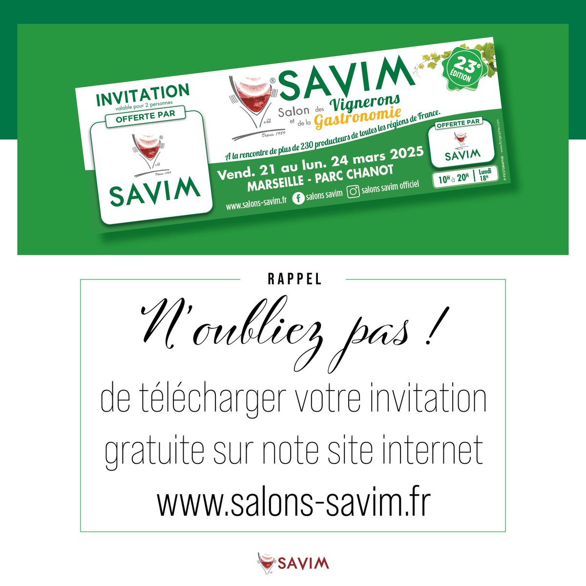 Marseille Chanot (@marseillechanot) on Twitter photo J-2 pour le Salons SAVIM Printemps🌼
La 23è édition ouvrira ses portes dès ce vendredi et jusqu'au lundi 24 mars dans le Palais de l'Europe ! 230 exposants, du vin, du fromage, des douceurs artisanales…
Téléchargez votre invitation en ligne :
salons-savim.fr/marseille/tele… J-2 pour le Salons SAVIM Printemps🌼
La 23è édition ouvrira ses portes dès ce vendredi et jusqu'au lundi 24 mars dans le Palais de l'Europe ! 230 exposants, du vin, du fromage, des douceurs artisanales…
Téléchargez votre invitation en ligne :
salons-savim.fr/marseille/tele…