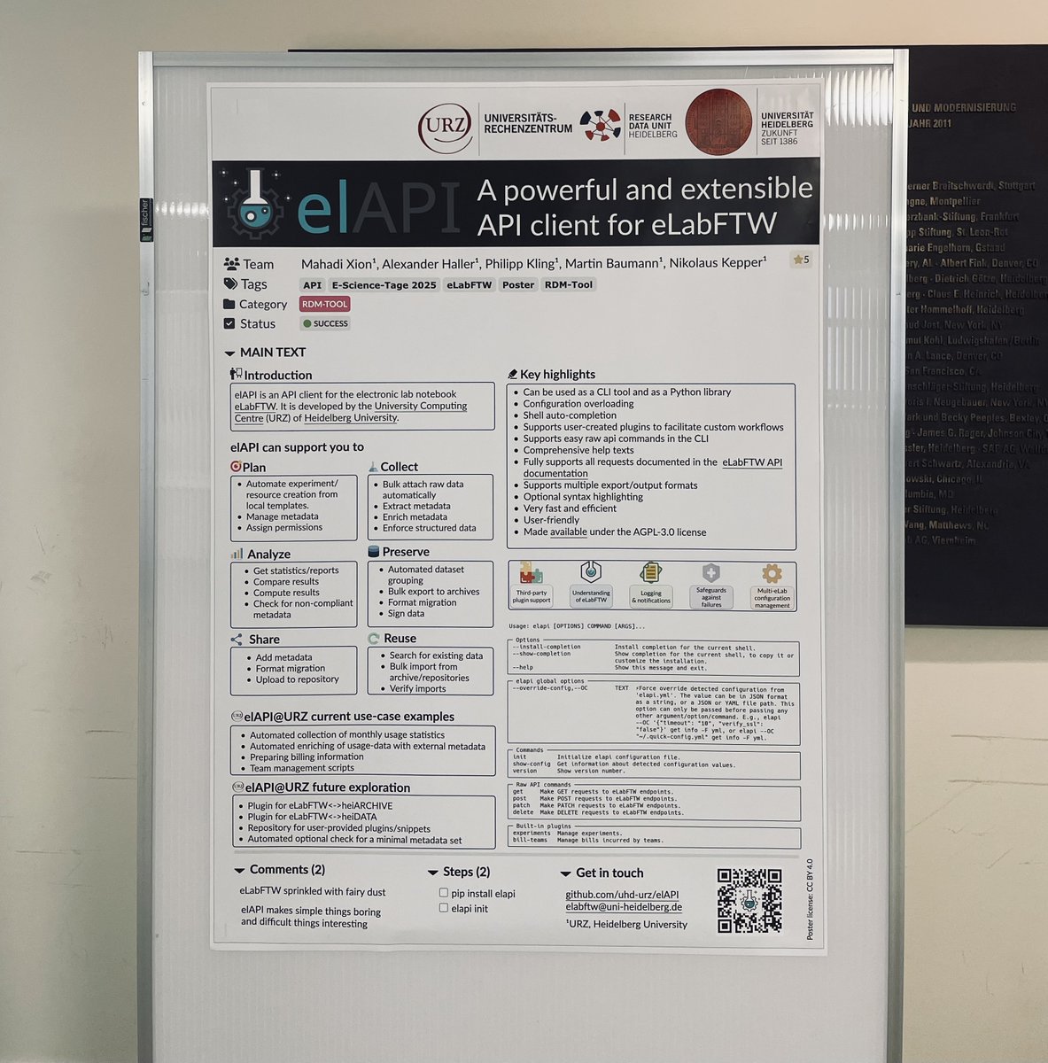 Great poster by Mahadi Xion and colleagues about elAPI, their new API client for eLabFTW at E-Science Tage on Friday!