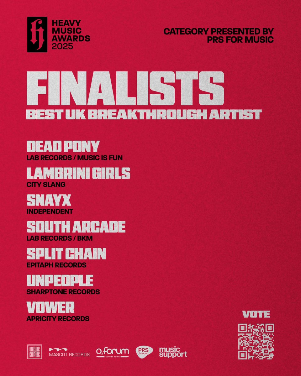 Heavy Music Awards (@heavymusicawds) on Twitter photo #HMA25 FINALISTS: BEST UK BREAKTHROUGH ARTIST
PRESENTED BY <a href="/PRSforMusic/">PRS for Music</a>
<a href="/DeadPonyBand/">Dead Pony</a>
Lambrini Girls
SNAYX
<a href="/southarcadeuk/">SOUTH ARCADE</a>
Split Chain
<a href="/weareunpeople/">unpeople</a>
Vower
vote.heavymusicawards.com #HMA25 FINALISTS: BEST UK BREAKTHROUGH ARTIST
PRESENTED BY <a href="/PRSforMusic/">PRS for Music</a>
<a href="/DeadPonyBand/">Dead Pony</a>
Lambrini Girls
SNAYX
<a href="/southarcadeuk/">SOUTH ARCADE</a>
Split Chain
<a href="/weareunpeople/">unpeople</a>
Vower
vote.heavymusicawards.com