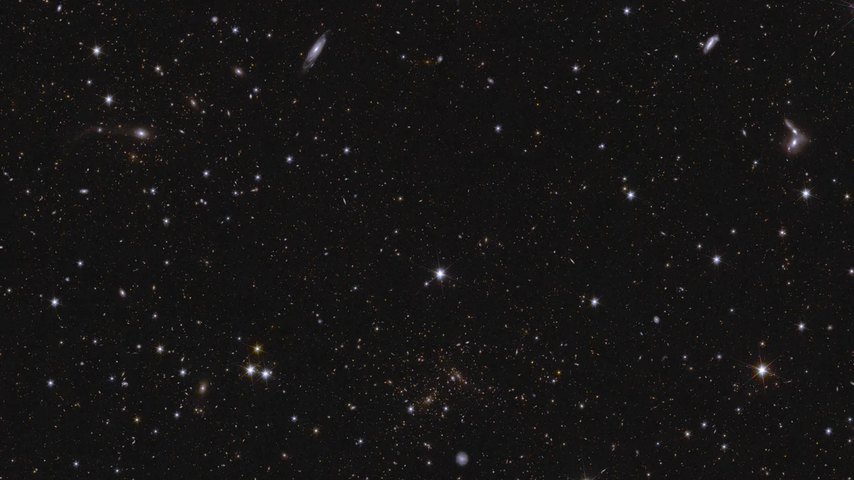 A sea of stars and galaxies sparkle against a black background. Several galaxies can be identified by their elongated shape and/or spiral arms. Some galaxies are seen edge-on while one prominent spiral galaxy at the bottom centre is seen face-on. At the far right, between the middle and top of the image, are some interacting galaxies. Galaxy clusters are also seen, in particular near bottom centre, where features smeared into arcs represent gravitational lensing. The brightest stars in the image have diffraction spikes.