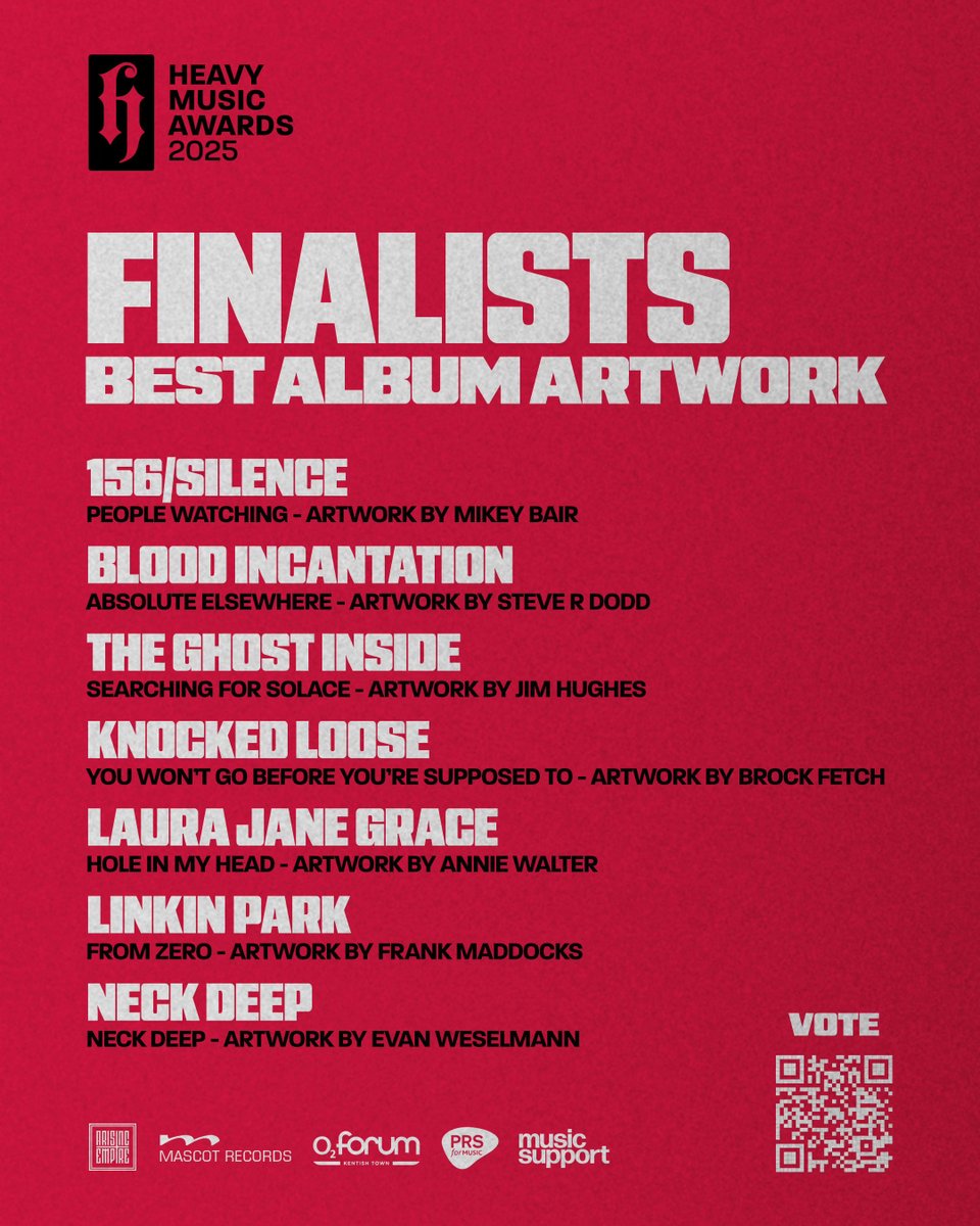 Heavy Music Awards (@heavymusicawds) on Twitter photo #HMA25 FINALISTS: BEST ALBUM ARTWORK
<a href="/156Silence/">156/Silence</a>
Blood Incantation
<a href="/theghostinside/">The Ghost Inside</a>
<a href="/knockedloose/">Knocked Loose</a>
Laura Jane Grace
<a href="/linkinpark/">LINKIN PARK</a>
<a href="/NeckDeepUK/">Neck Deep</a>
vote.heavymusicawards.com #HMA25 FINALISTS: BEST ALBUM ARTWORK
<a href="/156Silence/">156/Silence</a>
Blood Incantation
<a href="/theghostinside/">The Ghost Inside</a>
<a href="/knockedloose/">Knocked Loose</a>
Laura Jane Grace
<a href="/linkinpark/">LINKIN PARK</a>
<a href="/NeckDeepUK/">Neck Deep</a>
vote.heavymusicawards.com