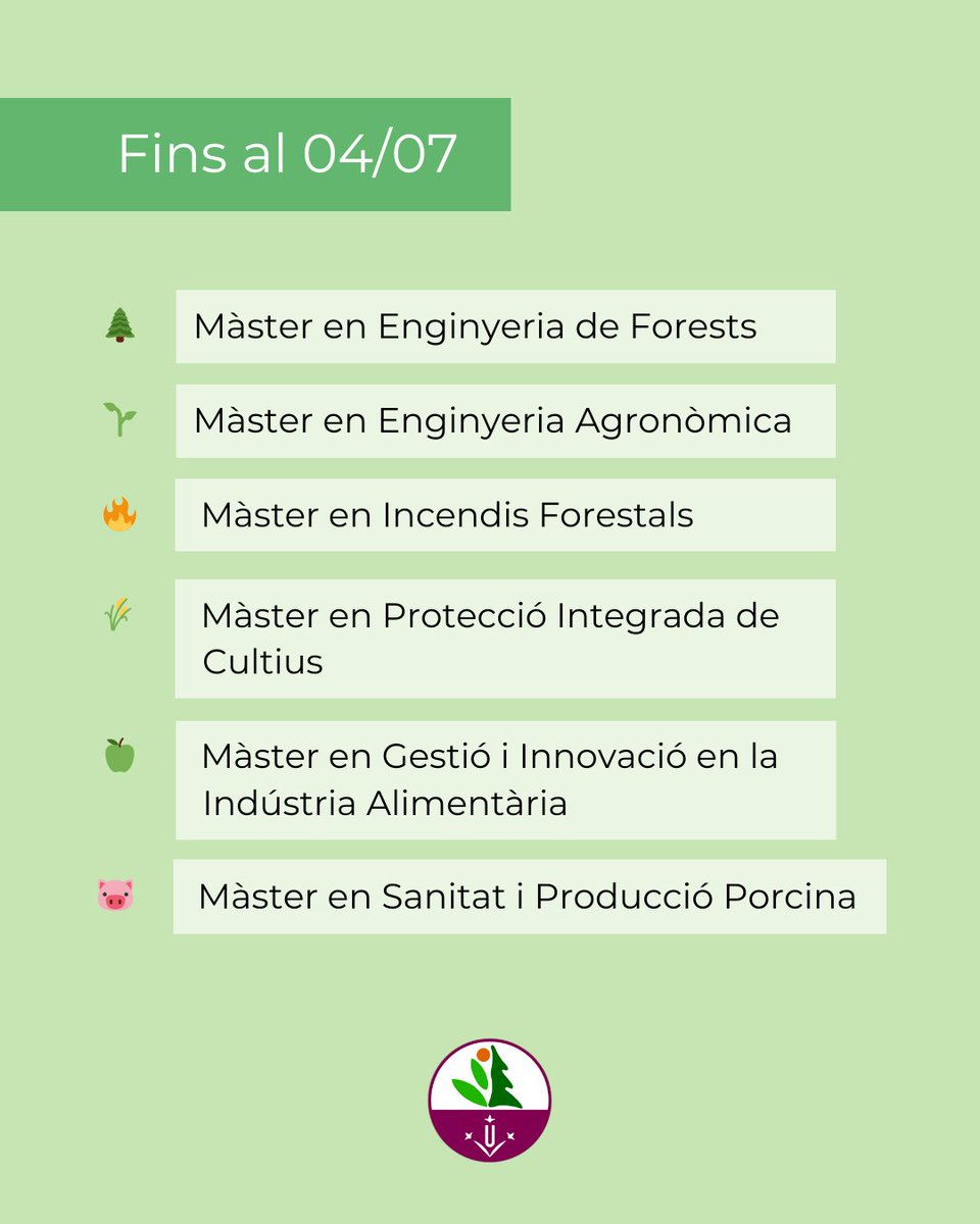 ❗𝗢𝗕𝗘𝗥𝗧𝗔 LA PREINSCRIPCIÓ PER ALS #MÀSTERS 𝟮𝟬𝟮𝟱-𝟮𝟬𝟮𝟲 a #ETSEAFiV!  

📅 Fins al 4 de juliol

Forma’t per ser un/a professional del sector agroalimentari i forestal!

🌐 Més info: udl.cat/ca/serveis/aga…