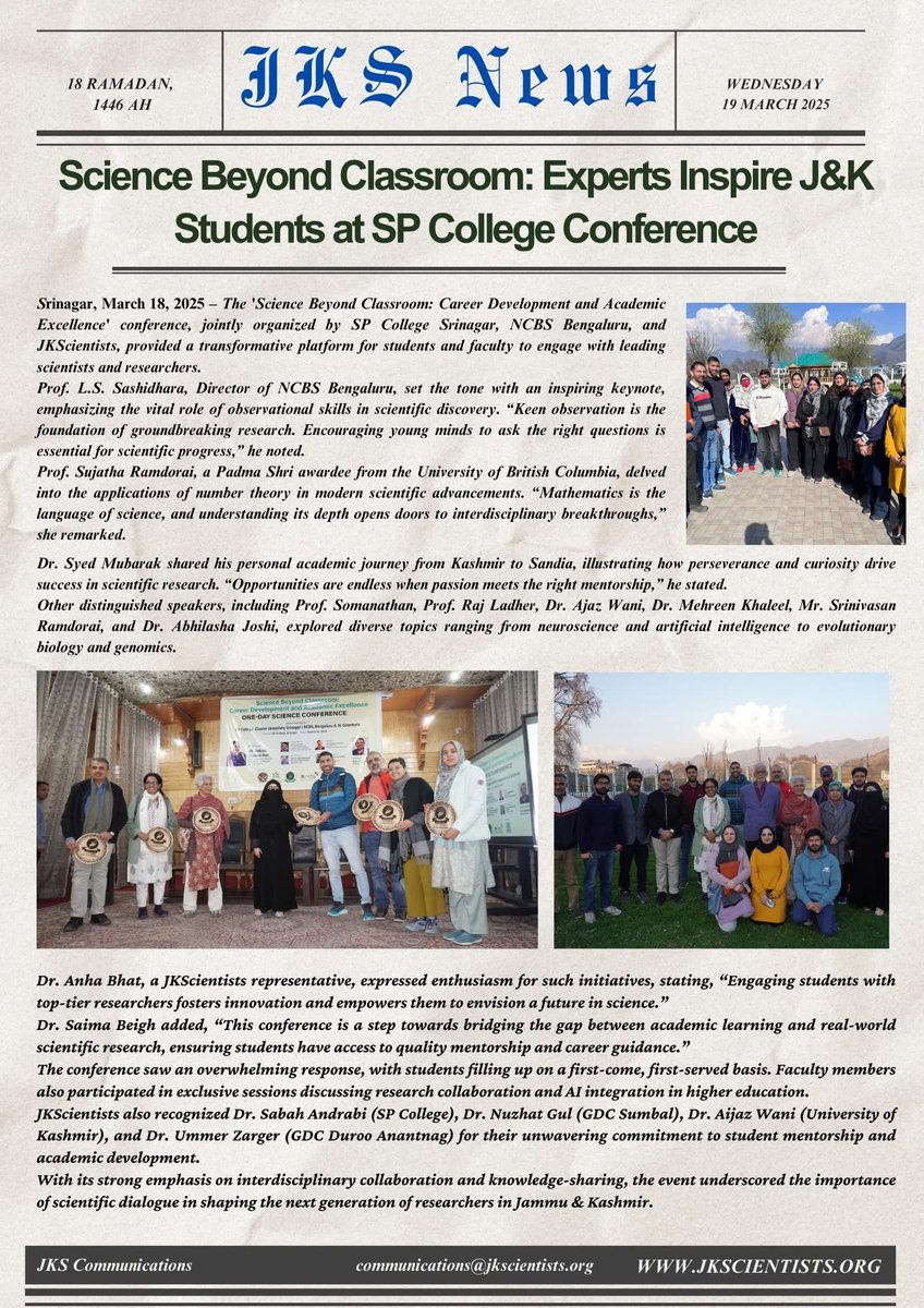 jkscientists's tweet photo. Landmark event in J&amp;K's scientific outreach! 'Science Beyond Classroom' conference inspires young minds at SP College, Srinagar. Thanks to HED J&amp;K, SP College, @NCBS_Bangalore &amp; JKS team for making it happen! 
@NeuroSeq @beighsaima @AgaShahee @RhythmicSpikes https://t.co/3G4WYBSsHg