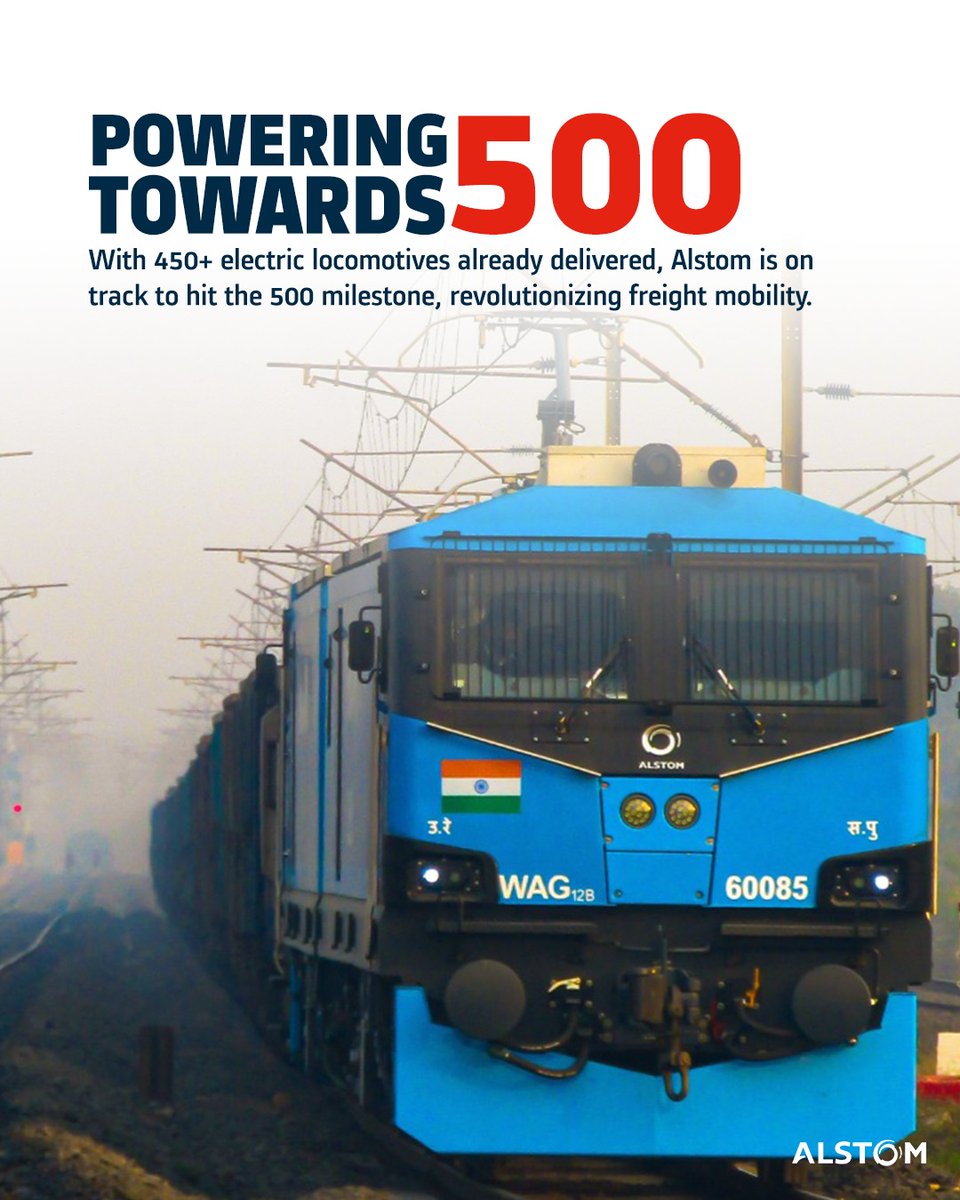 AlstomIndia's tweet photo. A golden milestone awaits!
The #WAG12B #eloco has reshaped #India's freight network, accelerating cargo movement, reducing emissions, and driving sustainability. Together with Indian Railways, these locos are making freight transport faster, cleaner, and future-ready. https://t.co/fBVDa9Pwit