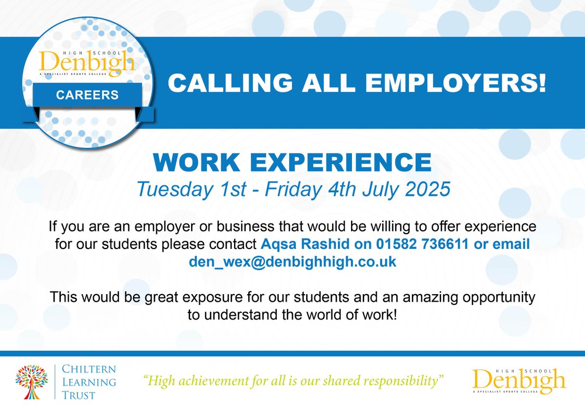 Calling all local businesses! 📢 Our school is seeking work experience placements for enthusiastic students eager to learn. Give a young person a valuable opportunity! #WorkExperience