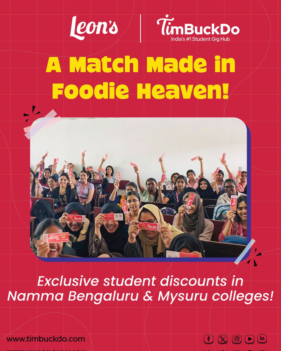 Timbuckdo_app's tweet image. Leon's India X TimBuckDo! Now Serving! 🍕✨

Exclusive student discount coupons are live at select colleges—trust us, the hype (and food) is real! 🤩

Shoutout to our Campus Ambassadors for making this a hit! Want this deal at your campus? Drop a comment or DM us!

#StudentDeal