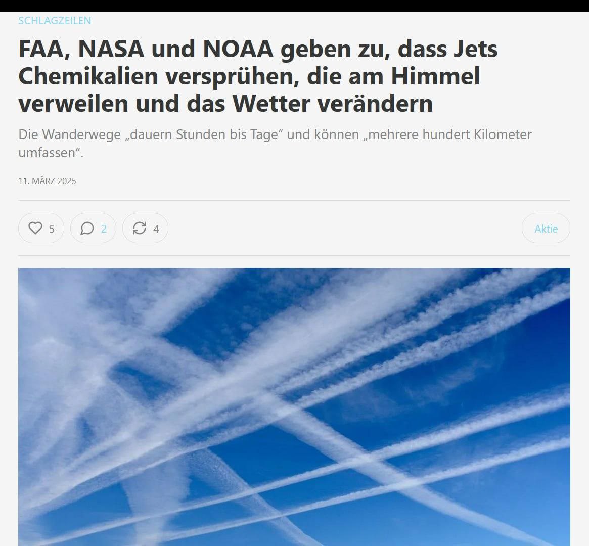 Pfeffer7373's tweet photo. 🇺🇸US Regierung hat offiziell bestätigt, wovor viele schon seit Jahren warnen:

#Flugzeuge versprühen #Partikel, die am Himmel verweilen, sich über 100te von Kilometern ausbreiten, das #Wetter verändern und die #Erde erhitzen.

Hier den vollständigen Artikel lesen:
🗞 https://t.co/DgcsTjnCAW