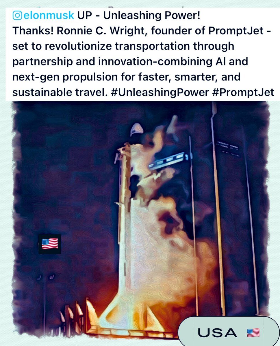 ronniecwright's tweet image. @elonmusk UP - Unleashing Power!
Thanks! Ronnie C. Wright, founder of PromptJet - set to revolutionize transportation through partnership and innovation-combining Al and next-gen propulsion for faster, smarter, and sustainable travel. #UnleashingPower #PromptJet USA
P.S. Special…