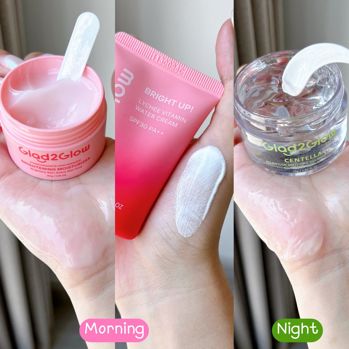 ป้ายยาไอเท็มเตรียมผิวก่อนแต่งหน้า ที่ช่วยให้ผิวไบร์ทขึ้นด้วย! เราใช้ของ Glad2Glow เลยจ้า เริ่มตั้งแต่
- ก่อนนอนทามอยส์ Centella ช่วยปลอบประโลมผิว คุมมัน ลดรอยแดง และผิวชุ่มชื้นมาก
- ตอนเช้าทามอยส์ Brighten ช่วยให้ผิวใส เรียบเนียน สีผิวสม่ำเสมอขึ้น
- ก่อนแต่งหน้าทาครีมไบร์ทอัพลิ้นจี่ เป็นโทนอัพ 3 in 1 บำรุงผิว อัพปรับผิวใสขึ้นทันที หน้าไม่วอก ไม่เทา และมี SPF ช่วยกันแดดด้วย

แค่นี้ก็แต่งหน้าติดทนทั้งวันแบบจึ้งๆละ แนะนำจริงงงง 💖💚