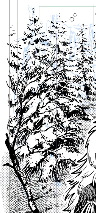今月載るやつの一部。枝に雪が積もっているのを描くのが好き。 