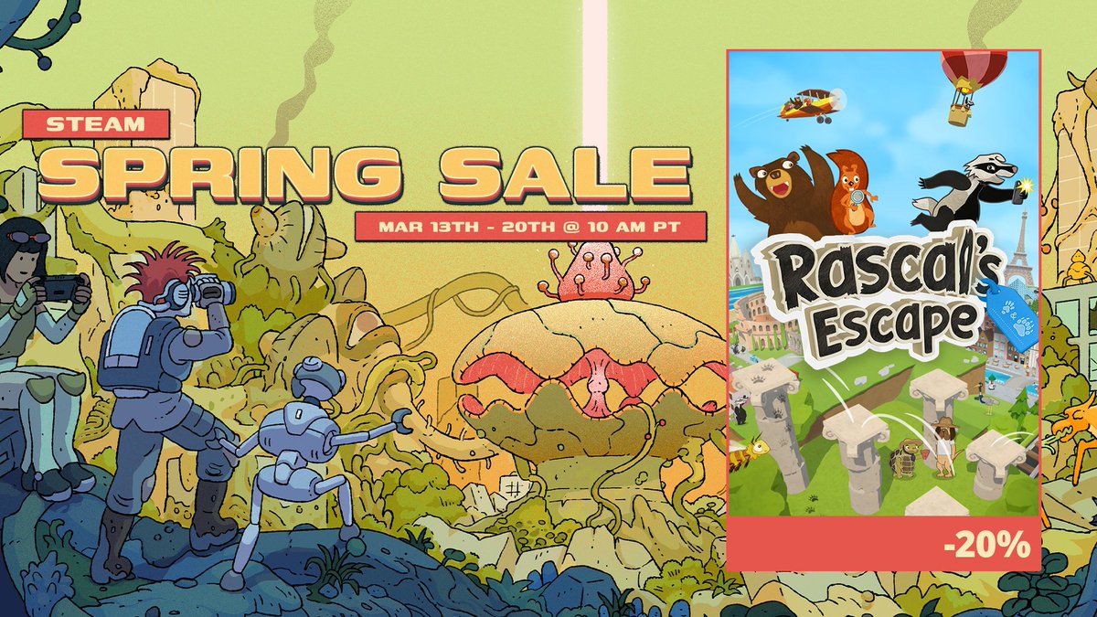 The Steam Spring Sale is coming to an end! 🌷🌿🐿🐻
Grab #RascalsEscape now and travel through Europe from the comfort of your couch. Alone or with a travel companion!

Get a 20% OFF!

🐣 store.steampowered.com/app/1407640/Ra… 

#adventure #coop #multiplayer #familygames #cozy
