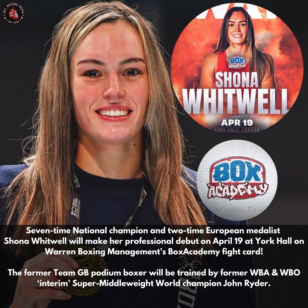 🥊 WHITWELL DEBUTS APRIL 19!

7x National champion and 2x European medalist Shona Whitwell will make her professional debut on April 19 at York Hall!💥

The former Team GB podium boxer will be trained by former WBA &amp; WBO 'interim' Super-Middleweight World champion <a href="/_John_Ryder_/">john ryder</a>‼️