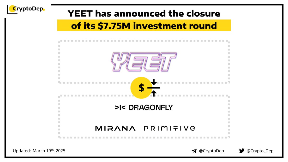 ⚡️ @Yeet has announced the closure of its $7.75M investment round YEET  unveils its $7.75M funding, secured last summer, aimed at developing a crypto  casino. The round was led by @Dragonfly_xyz, with