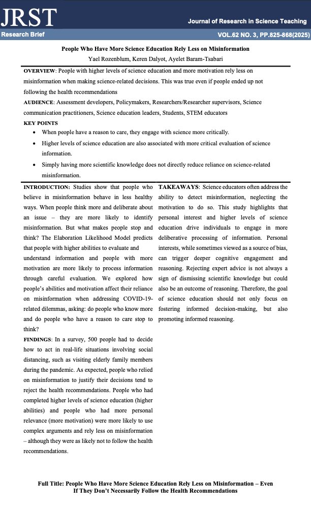 New article: People who have more science education rely less on misinformation

Check it out here doi.org/10.1002/tea.21…