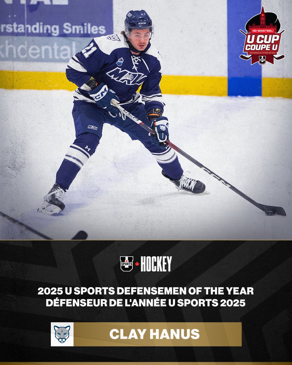 USPORTSca's tweet photo. 🏒🏆 Clay Hanus of Mount Royal University is the 2025 U SPORTS men's hockey Defenceman of the Year!

🏒🏆 Clay Hanus des @MRUCougars est le défenseur de l'année 2025 du hockey masculin U SPORTS !

@CanadaWest

#ChaseTheGlory | #ViserHaut https://t.co/TCo6cu2Yig
