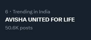 We are trending at number 6 in India with 50.6k tweets

AVISHA UNITED FOR LIFE